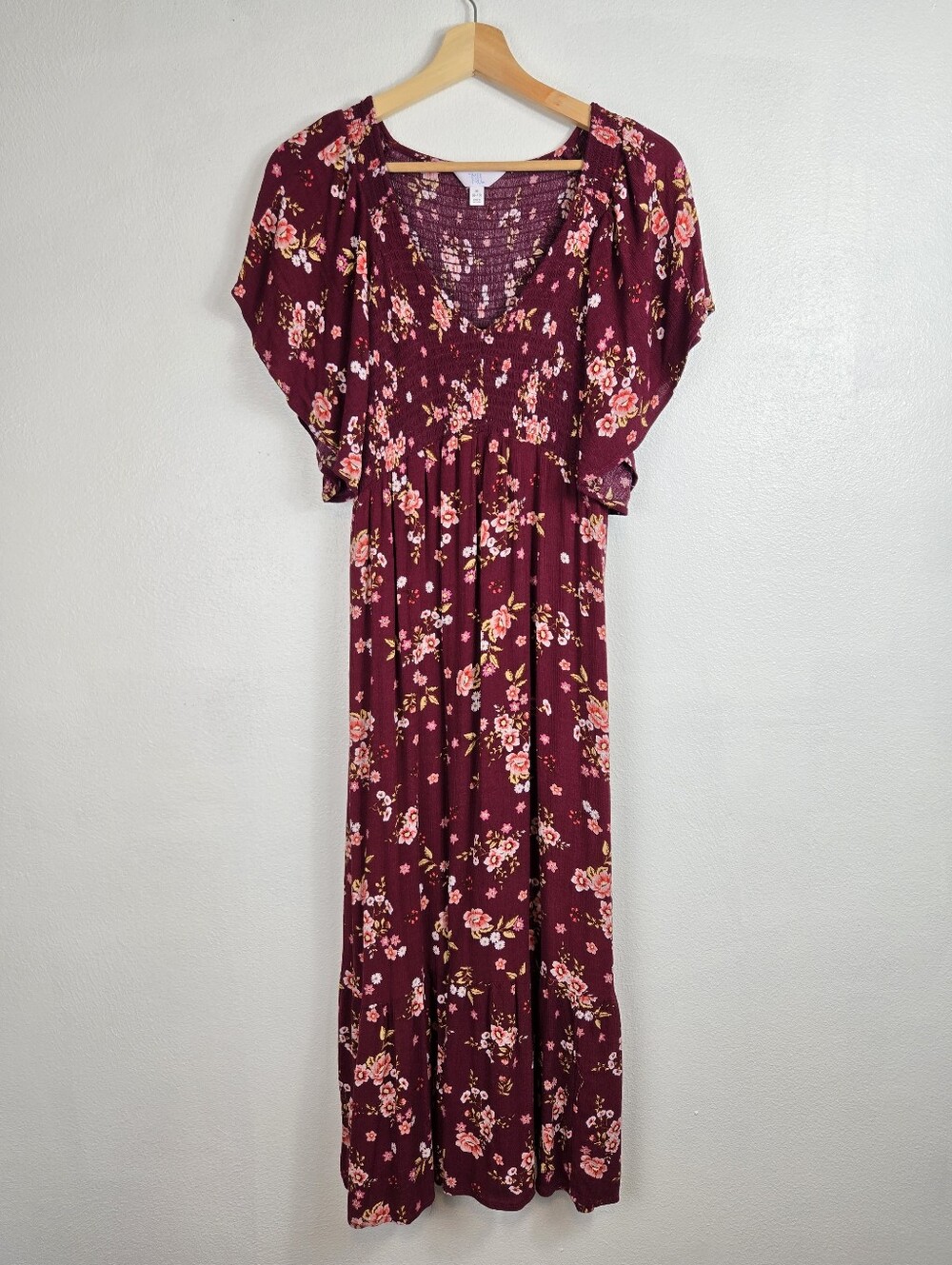 Time and Tru Smocked Long Floral dress flutter sleeves Cottagecore size medium